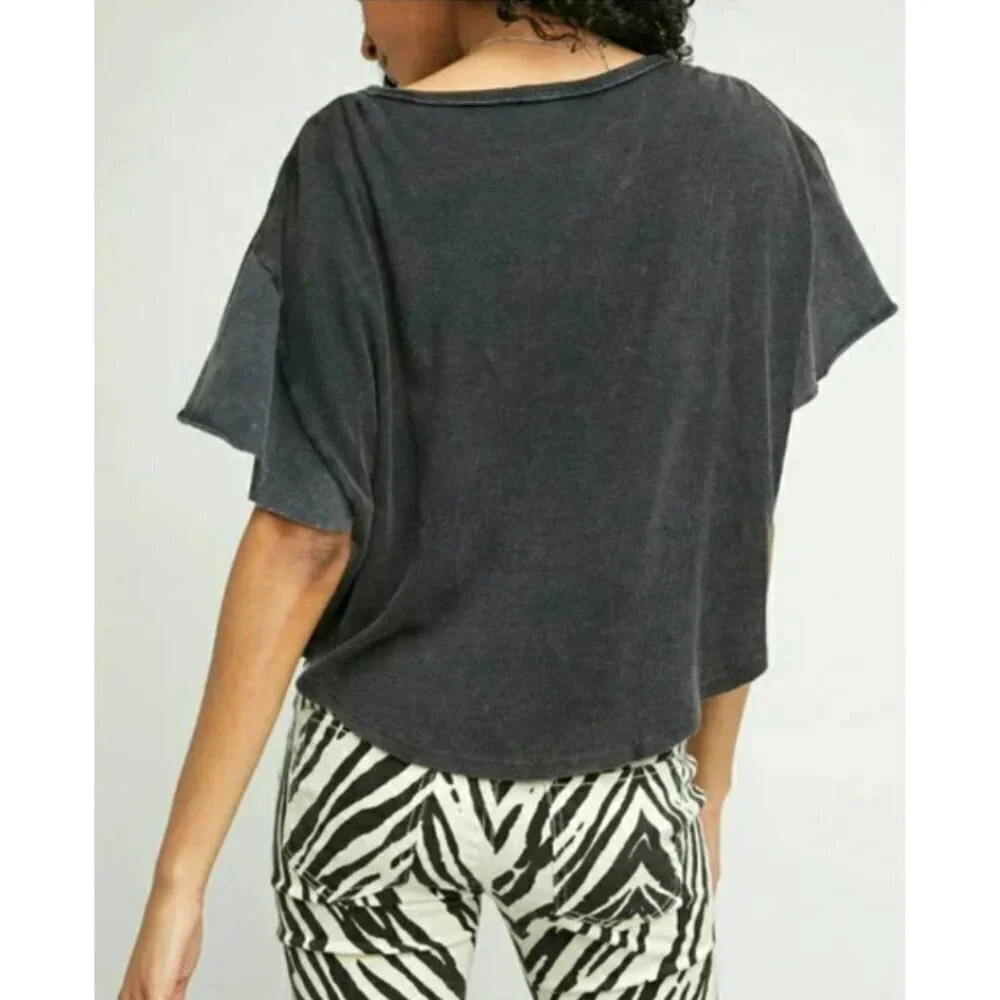 Free People Girl Talk Ruffle Top Linen Blend Dark Gray Size XS 26510